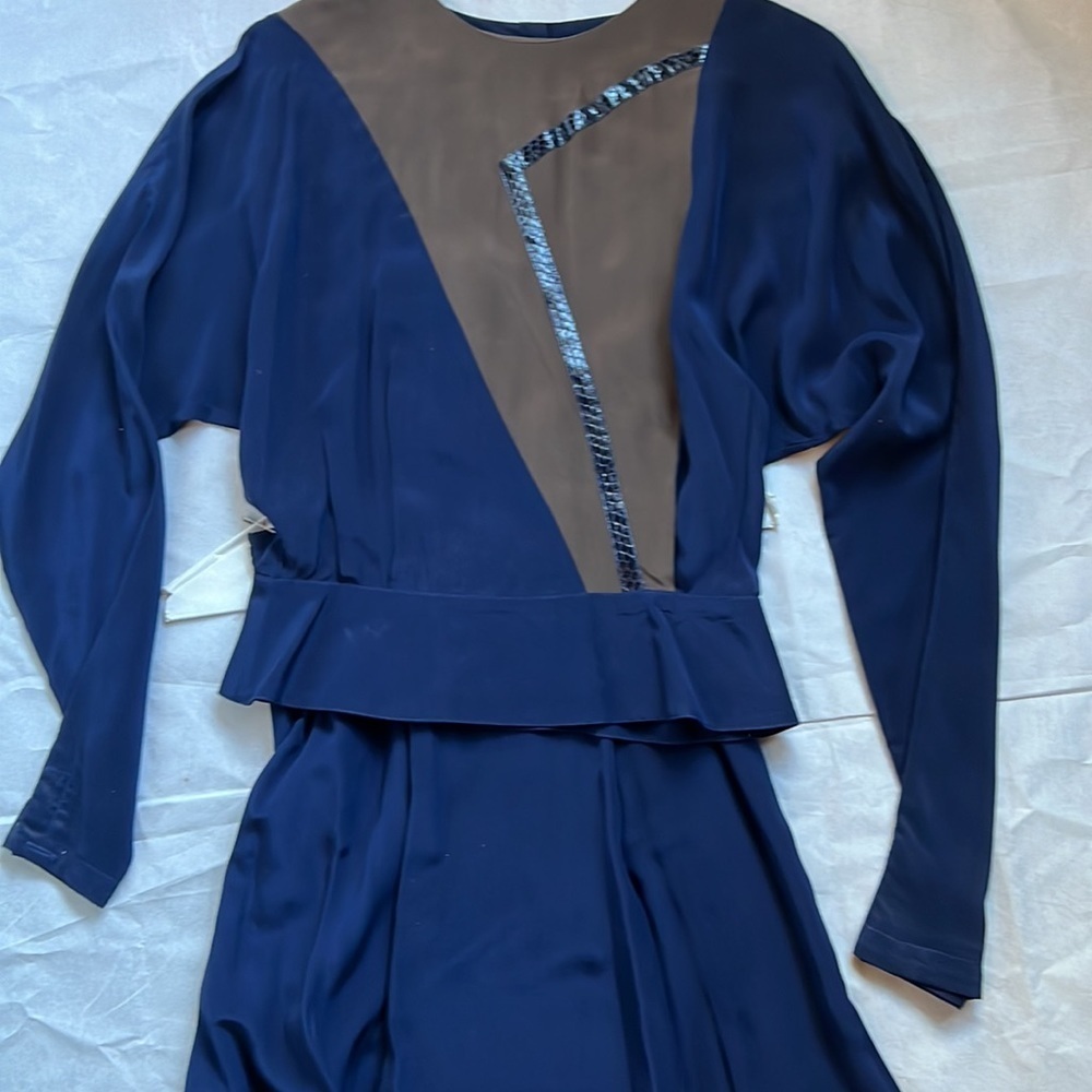 Joanie Char silk and snakeskin blue/taupe vintage top and mid calf skirt sz6